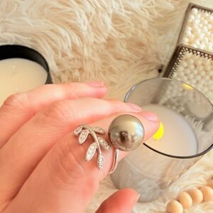 Tahitian Pearl Ring 14mm Peacock Green Sterling Silver Leaf CZ Adjustable